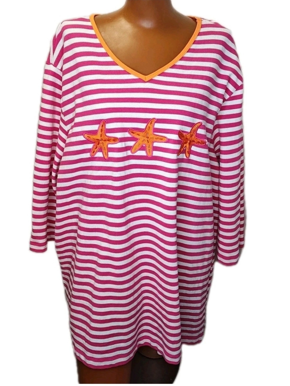 Quacker Factory Sequin Starfish V-Neck Tunic Top Plus 3X Pink Nautical Striped